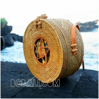 around circle straw rattan grass ata bags motif with lining fabric bali style